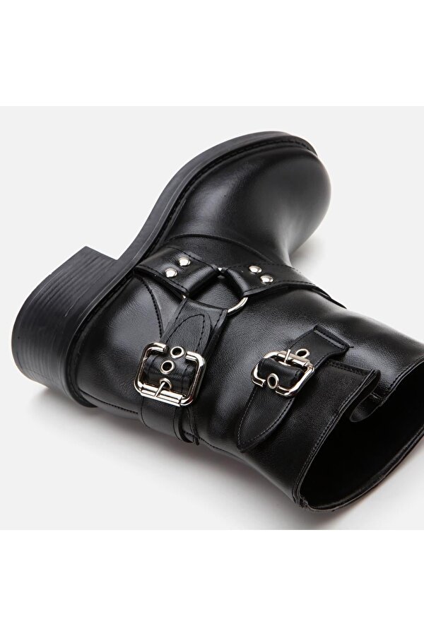 Siyah Kadın Tokalı Düz Bot