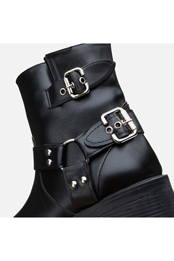 Siyah Kadın Tokalı Düz Bot