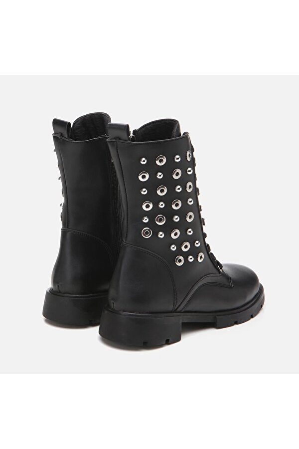 Siyah Kadın Zımbalı Düz Bot