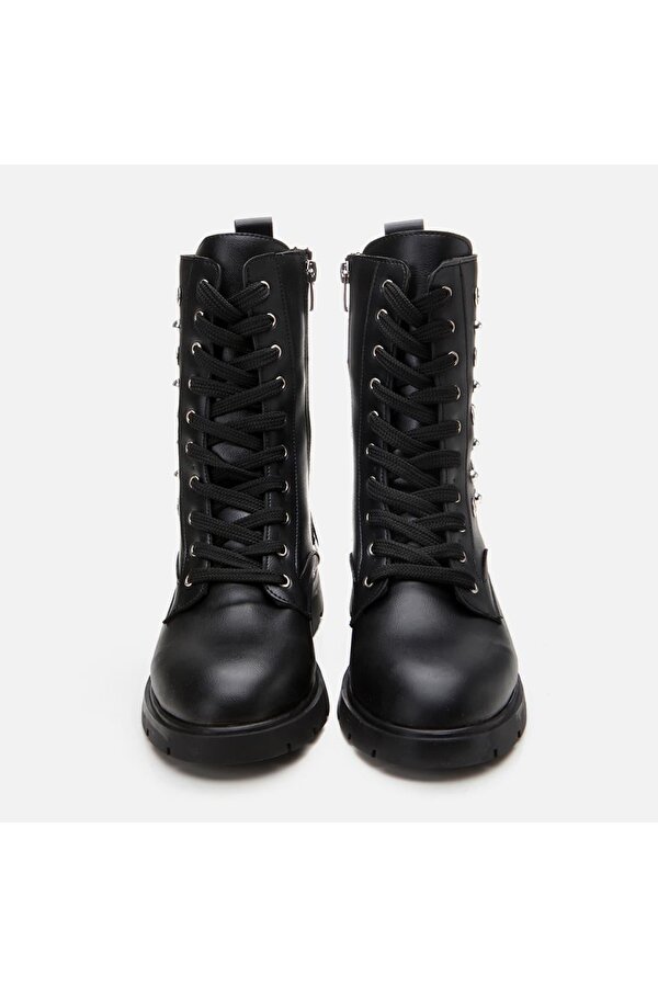 Siyah Kadın Zımbalı Düz Bot