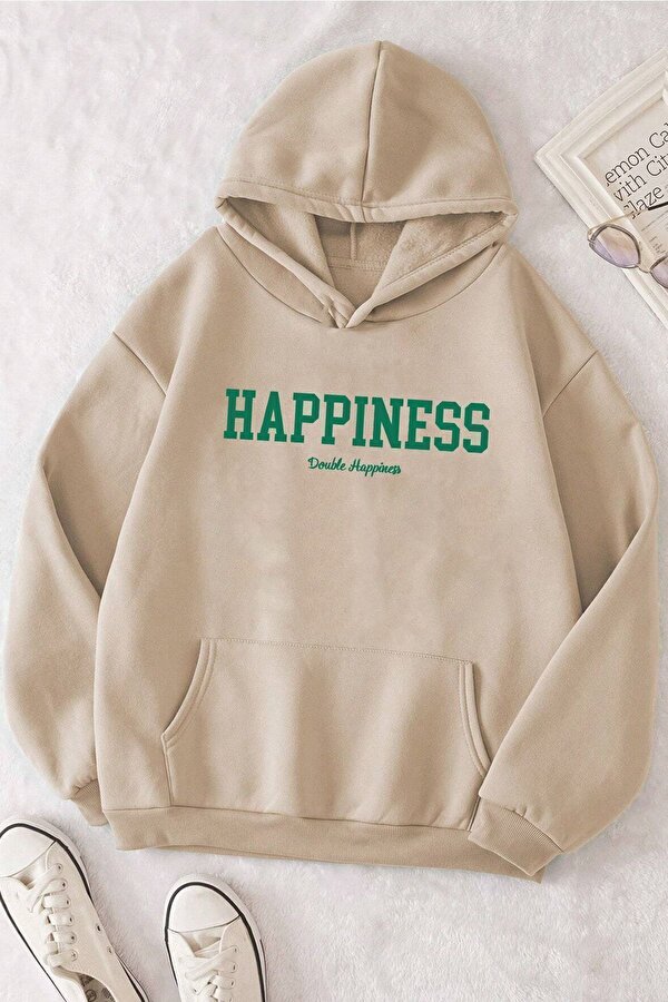 Unisex Oversize Happiness Baskılı Sweatshirt - 3 Al 1 Öde