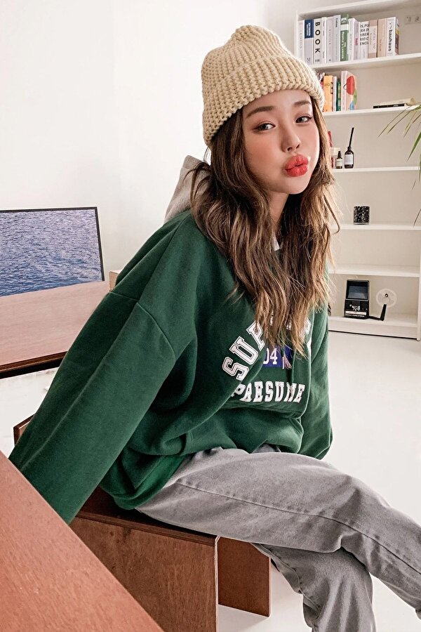 Kadın Yeşil Suppose Baskılı Oversize Sweatshirt