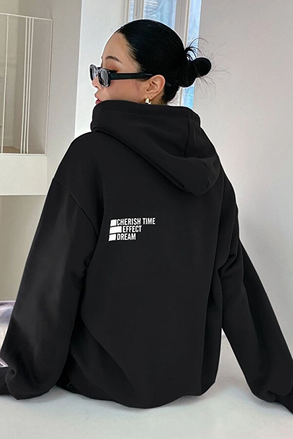 Butarz Unisex Siyah Cherish Time Baskılı Kapüşonlu Sweatshirt