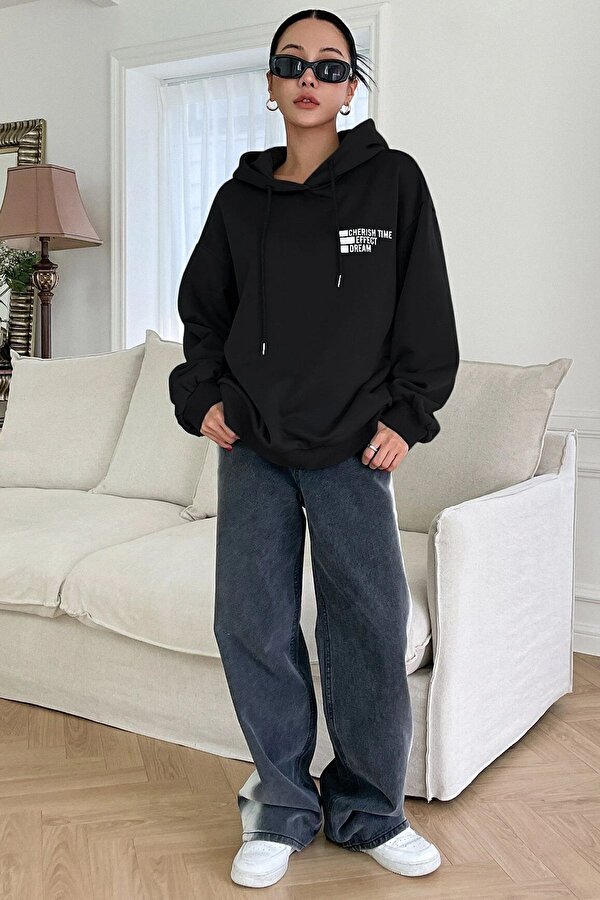 Butarz Unisex Siyah Cherish Time Baskılı Kapüşonlu Sweatshirt