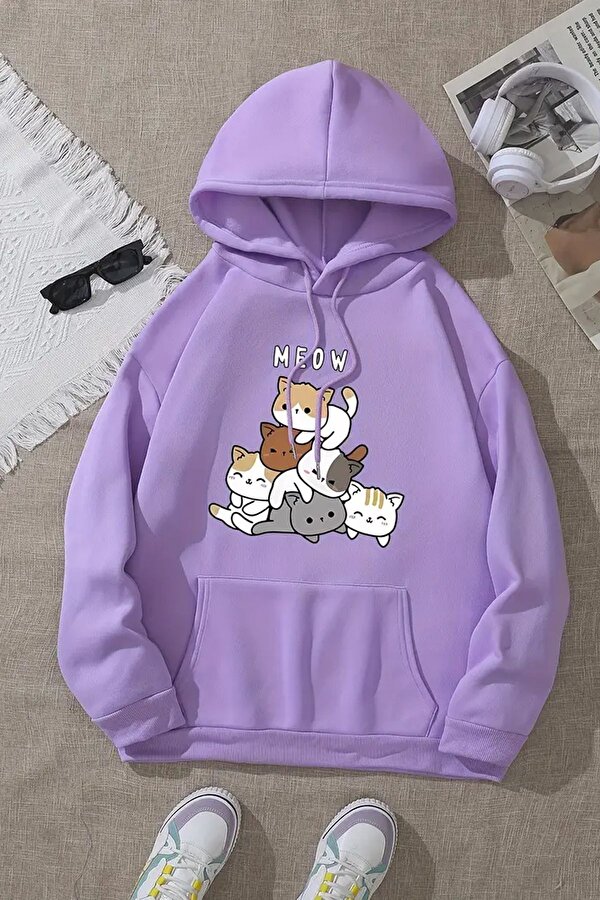Meow Tatlı Kediler Baskılı Oversize Sweatshirt