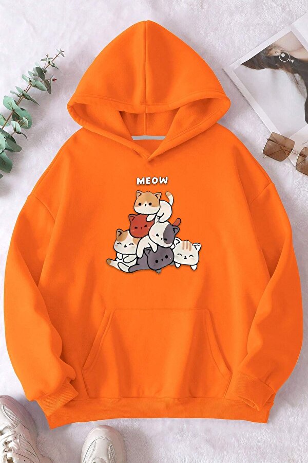 Meow Tatlı Kediler Baskılı Oversize Sweatshirt