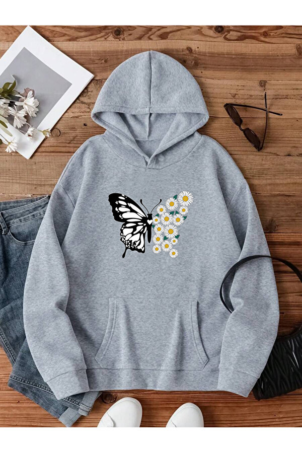 Papatya Kelebek Baskılı Oversize Sweatshirt - 3 Al 1 Öde