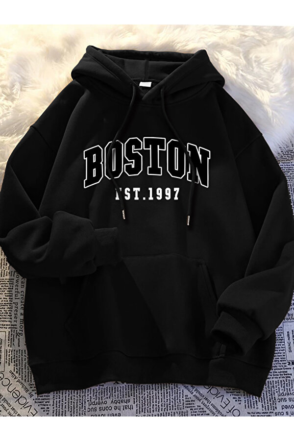 Unisex Boston Baskılı Oversize Sweatshirt