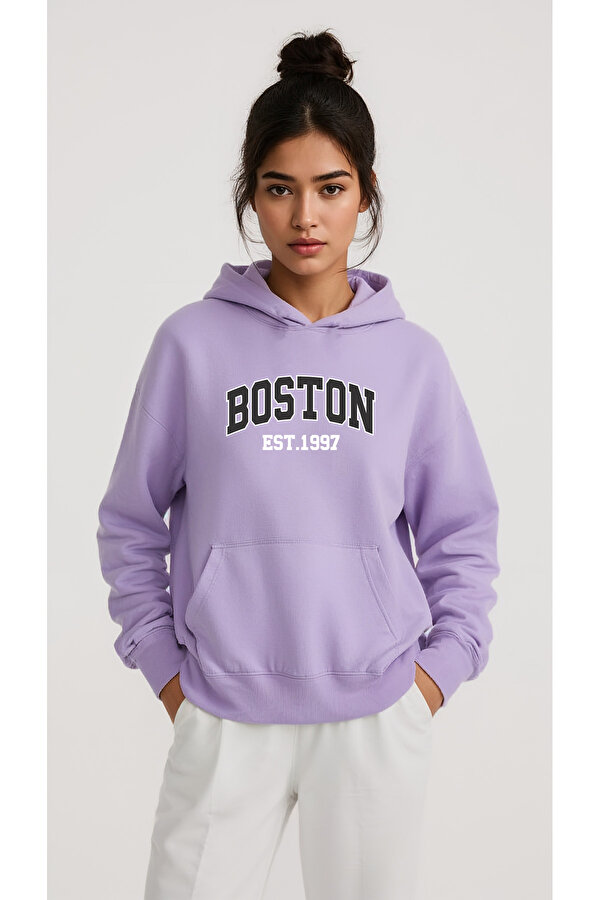 Unisex Boston Baskılı Oversize Sweatshirt