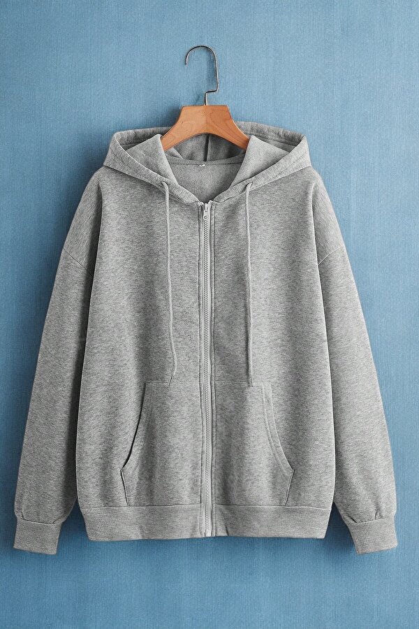 Unisex Gri Fermuar Kapüşonlu Sweatshirt
