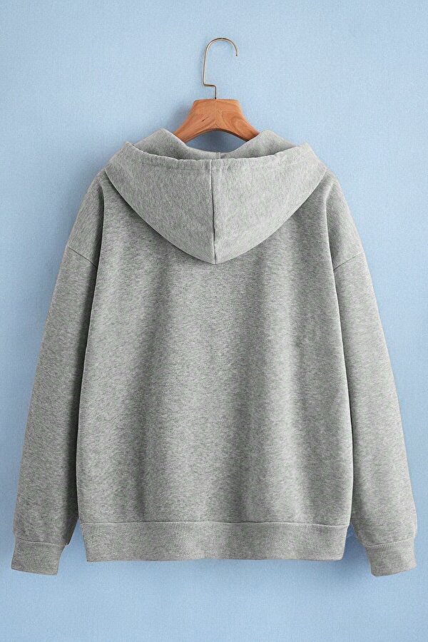Unisex Gri Fermuar Kapüşonlu Sweatshirt