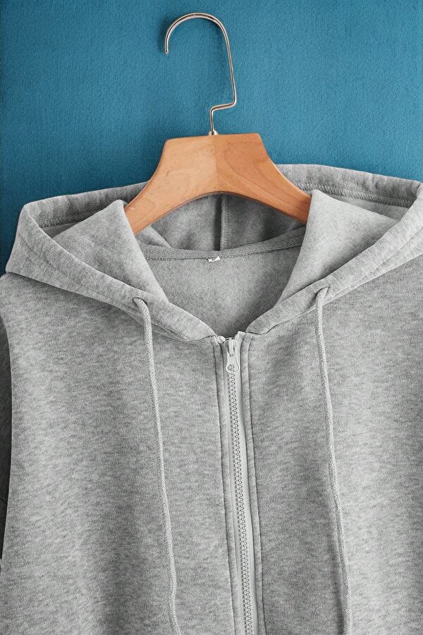 Unisex Gri Fermuar Kapüşonlu Sweatshirt