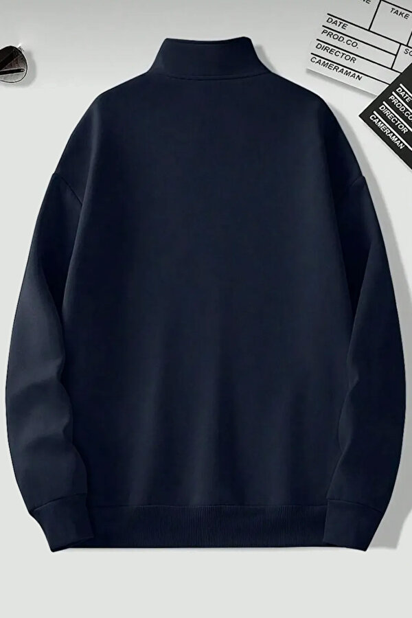 Dik Yaka Yarım Fermuarlı Düz Kazak Sweatshirt