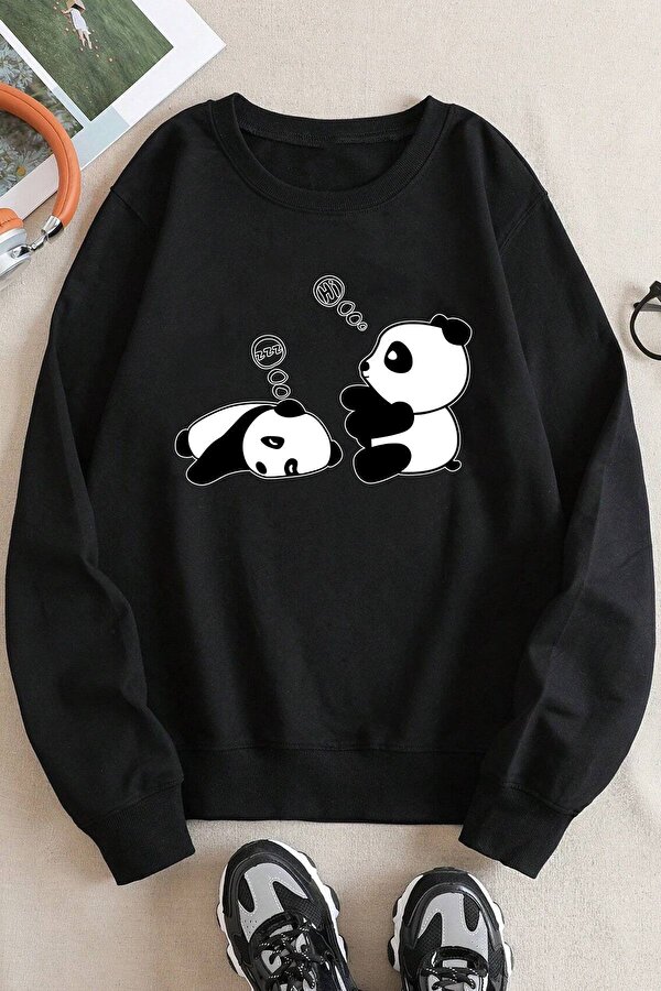 Unisex Uykucu Panda Baskılı Bisiklet Yaka Sweatshirt - 3 Al 1 Öde