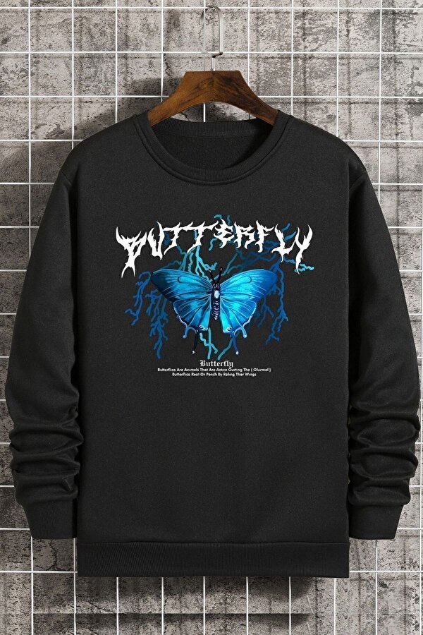 Unisex Blue Butterfly Bisiklet Yaka Sweatshirt - 3 Al 1 Öde