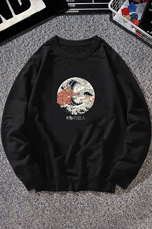 Kanagawa Oki Nami Ura Baskılı Bisiklet Yaka Sweatshirt - FLO 3 Al 1 Öde