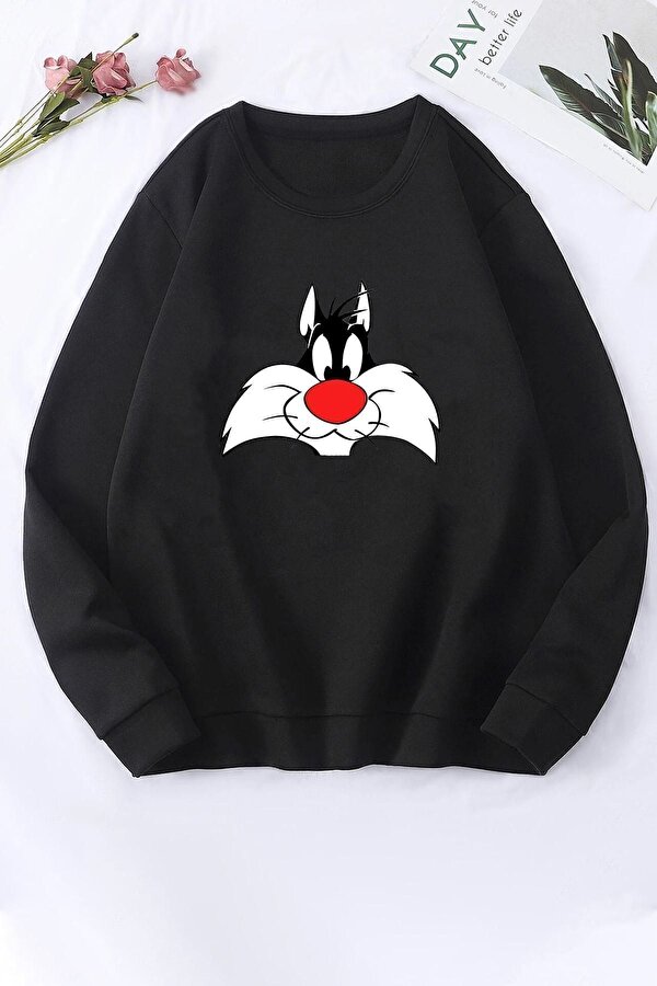 Unisex Sylvester Baskılı Bisiklet Yaka Sweatshirt - 3 Al 1 Öde
