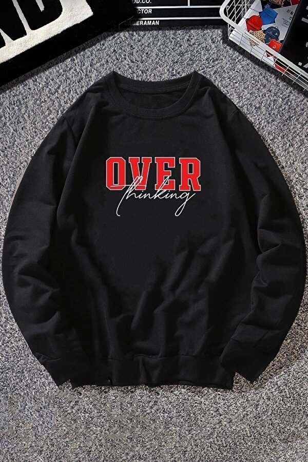 Unisex Over Thinking Baskılı Bisiklet Yaka Sweatshirt - 3 Al 1 Öde