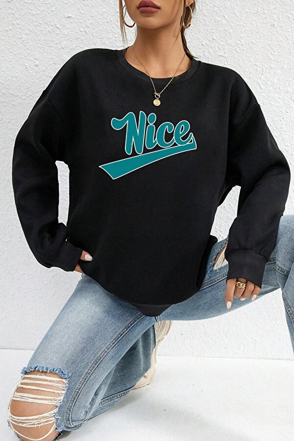 Unisex Nice Baskılı Bisiklet Yaka Sweatshirt - 3 Al 1 Öde