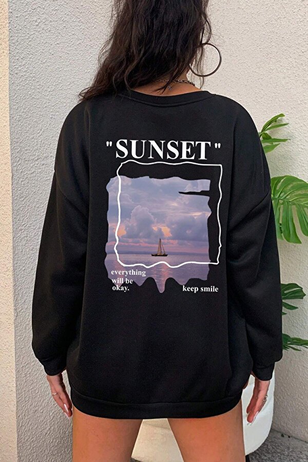 Unisex Sunset Baskılı Bisiklet Yaka Sweatshirt - 3 Al 1 Öde