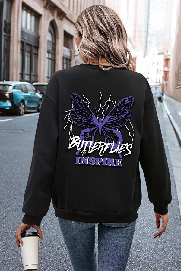 Unisex Butterfly & Letter Graphic Baskılı Bisiklet Yaka Sweatshirt - FLO 3 Al 1 Öde