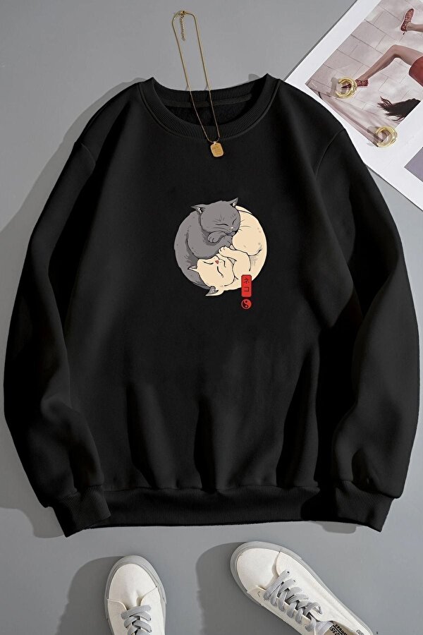 Unisex Shinobi Kedi Bisiklet Yaka Sweatshirt - 3 Al 1 Öde
