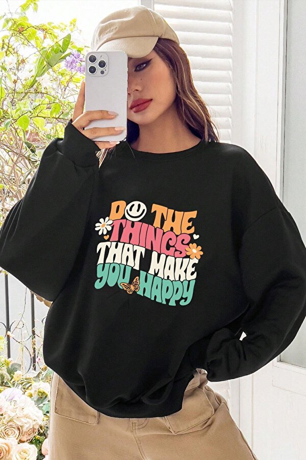 Unisex Happy Baskılı Bisiklet Yaka Sweatshirt