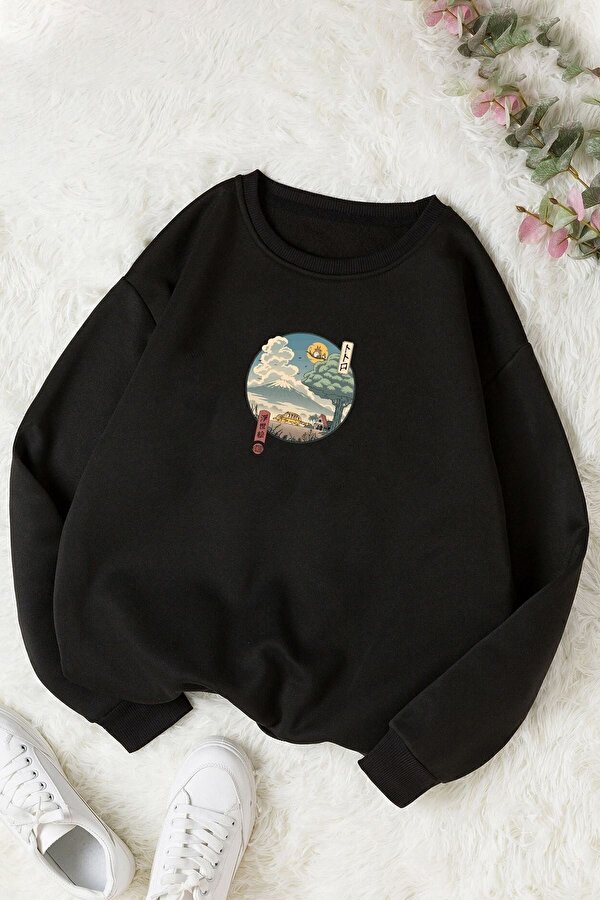 Unisex Neighbor's Ukiyo E Baskılı Bisiklet Yaka Sweatshirt - 3 Al 1 Öde