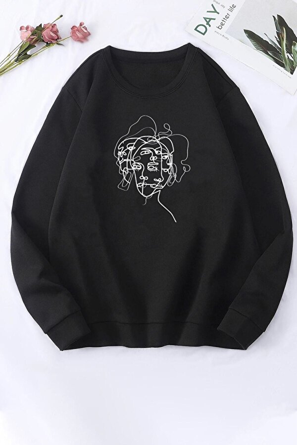 Unisex Woman One Line Baskılı Bisiklet Yaka Sweatshirt - 3 Al 1 Öde