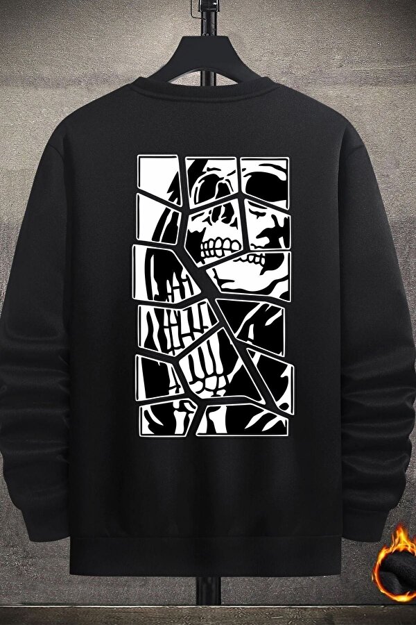 Unisex Skullcracked Bisiklet Yaka Sweatshirt - 3 Al 1 Öde