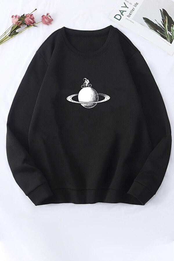 Unisex Astronaut Rides Baskılı Bisiklet Yaka Sweatshirt - FLO 3 Al 1 Öde