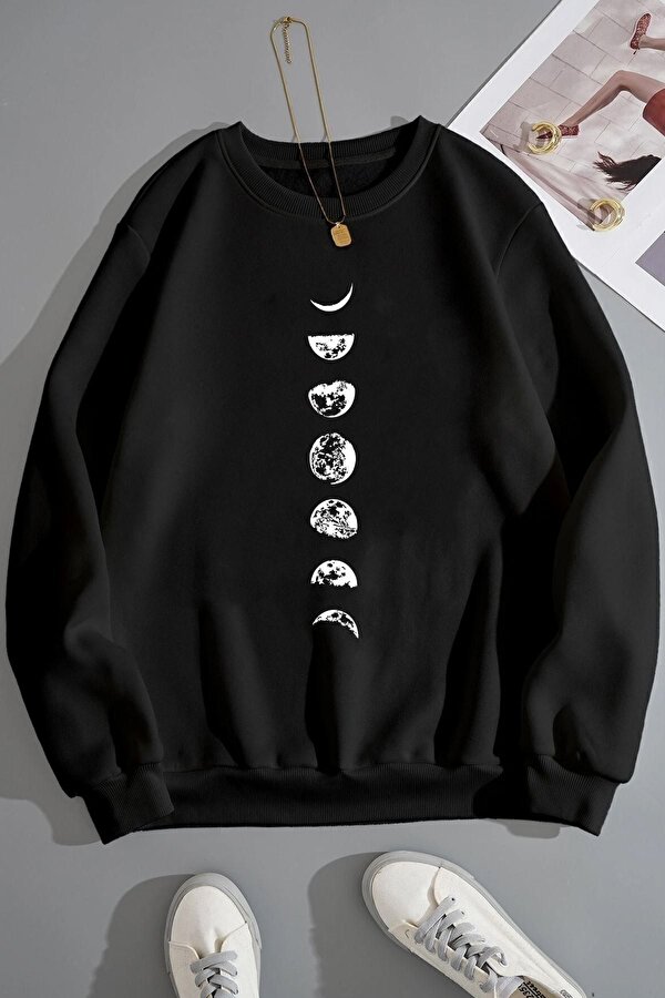 Unisex Moon Phases Bisiklet Yaka Sweatshirt - FLO 3 Al 1 Öde