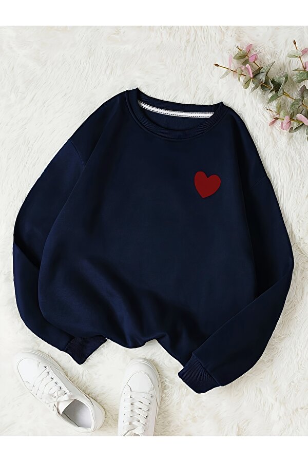 Unisex Kirmizi Kalp Desenli Baskılı Oversize Sweatshirt