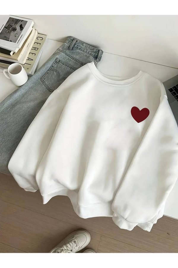 Unisex Kirmizi Kalp Desenli Baskılı Oversize Sweatshirt - FLO 3 Al 1 Öde