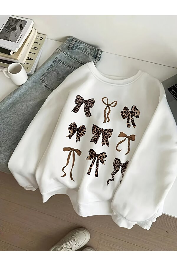 Unisex Leopar Desenli Kurdele Baskılı Oversize Sweatshirt - 3 Al 1 Öde
