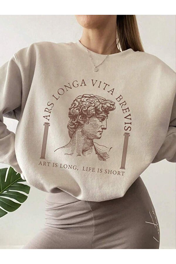 Unisex Ars Longa Vita Brevis Baskılı Oversize Sıfır Yaka - 3 Al 1 Öde