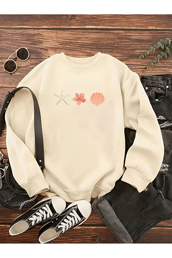 Unisex Istiridye Kabuklari Baskılı Tasarım Oversize Sweatshirt