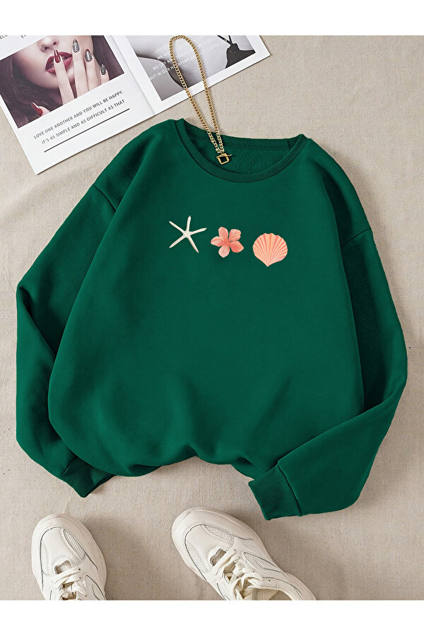 Unisex Istiridye Kabuklari Baskılı Tasarım Oversize Sweatshirt