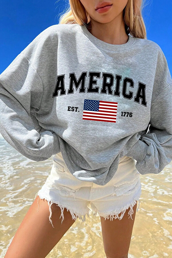 America Baskılı  Pamuklu Oversize Sweatshirt - FLO 3 Al 1 Öde