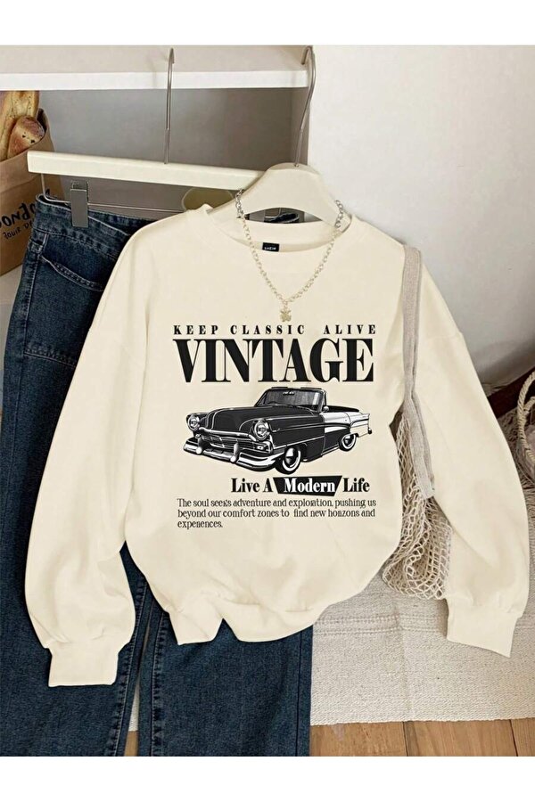 Unisex Vintage Baskılı Oversize Sweatshirt