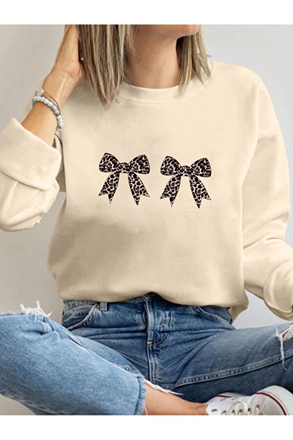 Unisex Leopar Desenli Kurdele Baskılı Oversize Sweatshirt