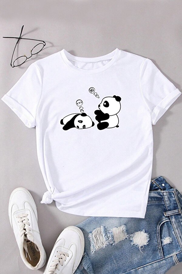 Unisex Uykucu Panda Baskılı Tasarım Tshirt