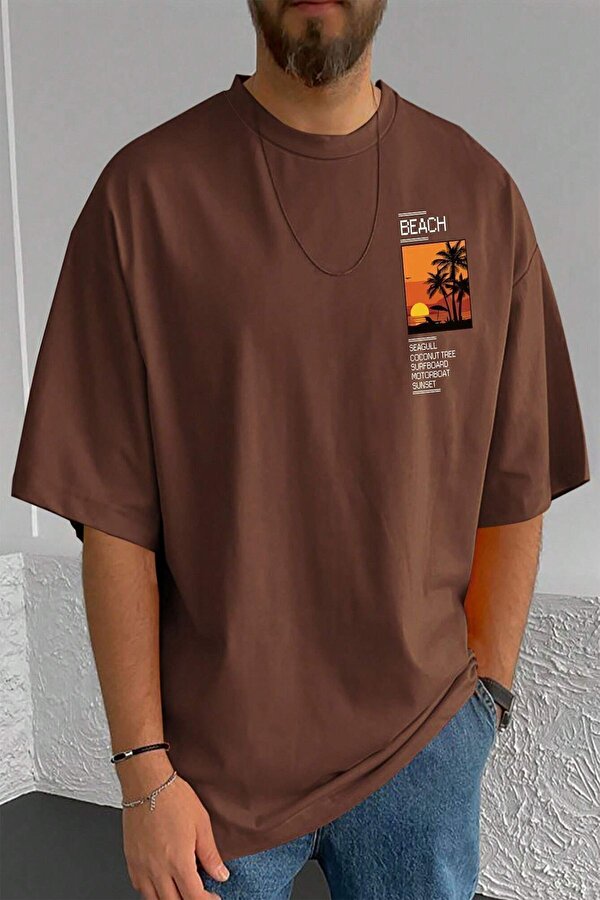Erkek Beach Baskılı Oversize Tshirt - FLO 3 Al 1 Öde