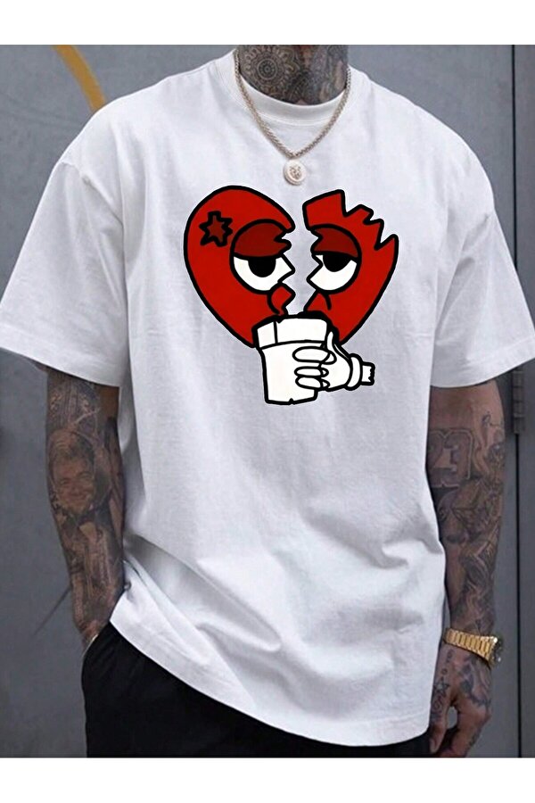 Unisex Kırık Kalp bardak Baskılı Oversize Tshirt - 3 Al 1 Öde