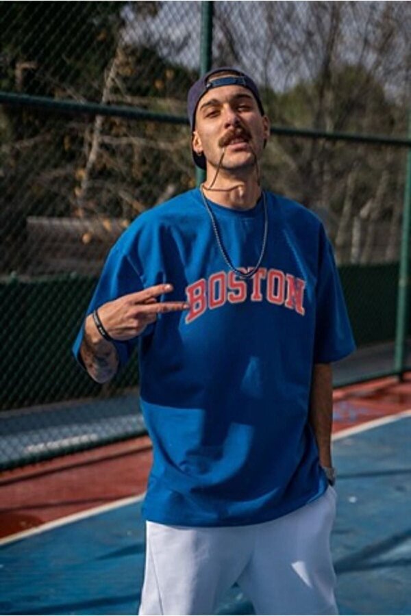 Mavi Boston Baskılı Tasarım Tshirt - 3 Al 1 Öde