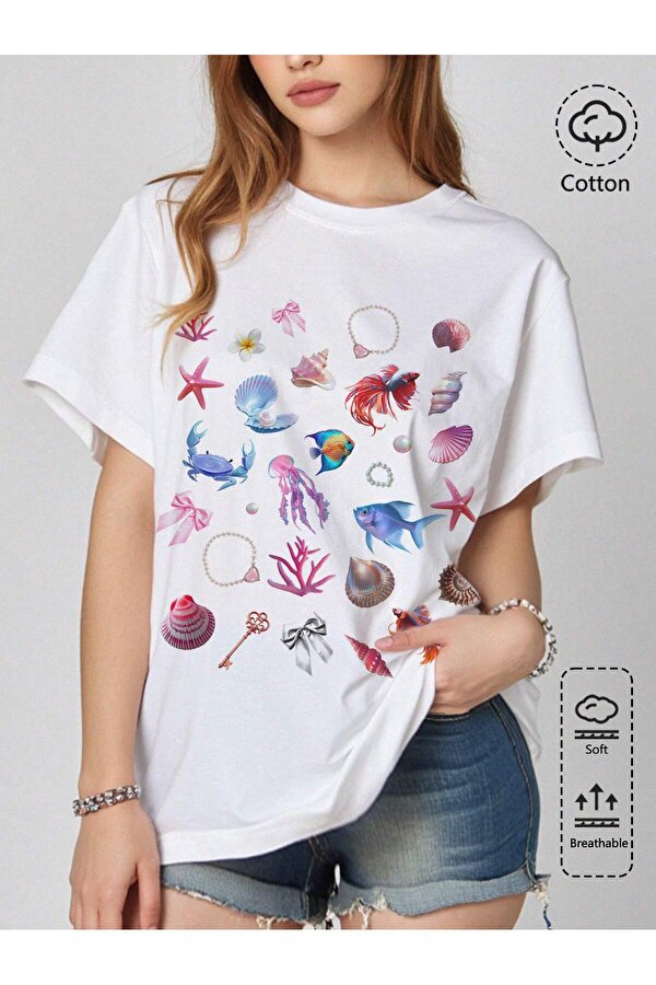 Unisex Deniz Kabukları Baskılı Tasarım Tshirt - 3 Al 1 Öde