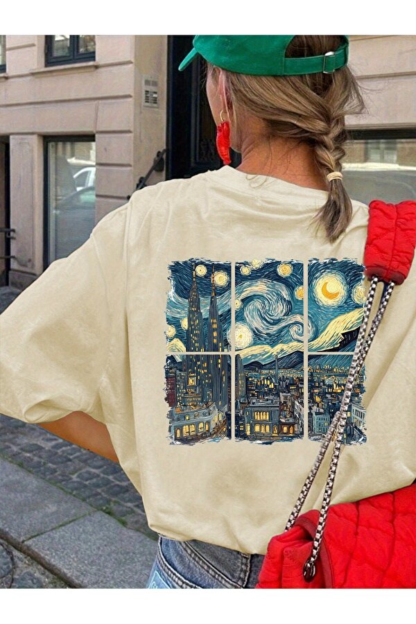 Unisex Şehir Manzaralı Vangogh Baskılı Oversize Tişört