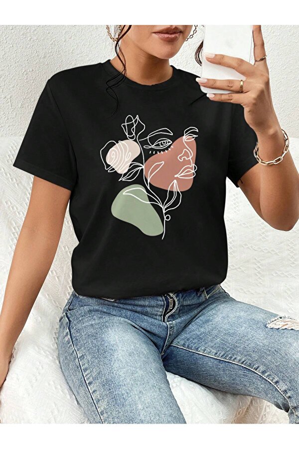 Portrait & Flower Baskılı Oversize Tshirt - FLO 3 Al 1 Öde