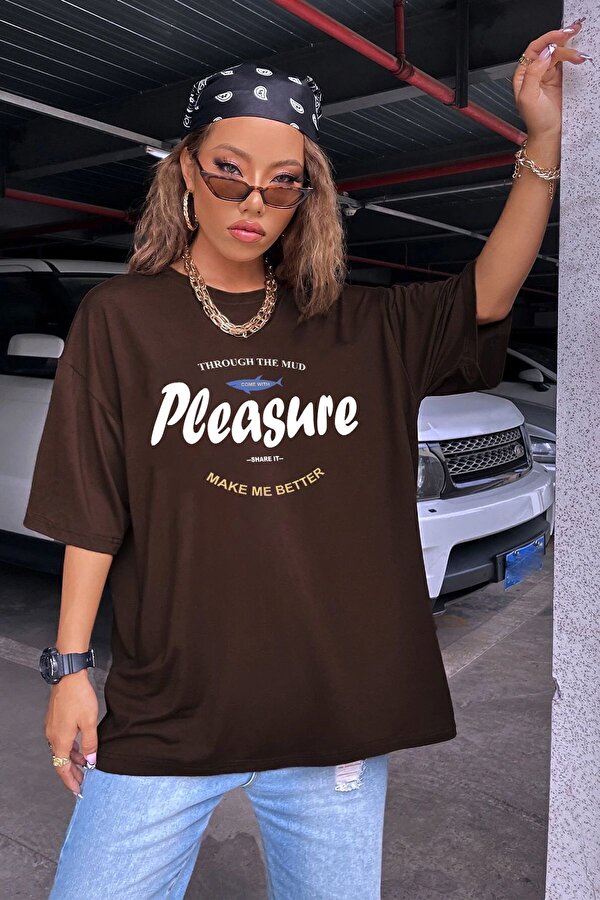 Unisex Pleasure Baskılı Oversize Tshirt - 3 Al 1 Öde
