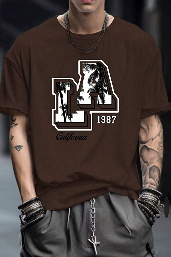 Erkek La California 1987 Baskılı Oversize Tshirt - 3 Al 1 Öde
